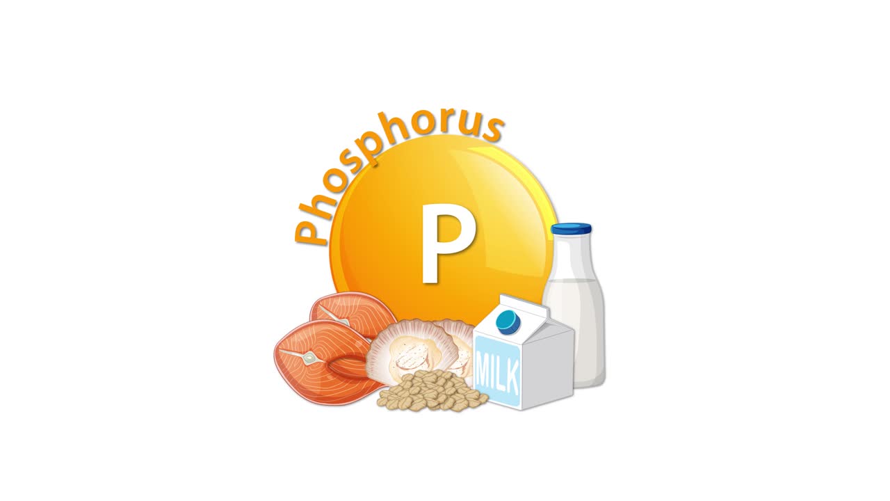 A bright phosphorus symbol is joined by illustrated food sources and labeled text, using smooth transitions and a clean, white background for clarity