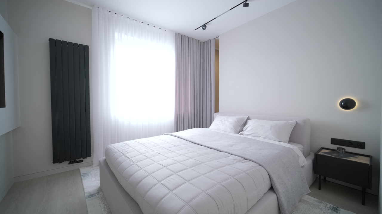 Interno di camera da letto minimalista moderna con letto bianco e grande finestra