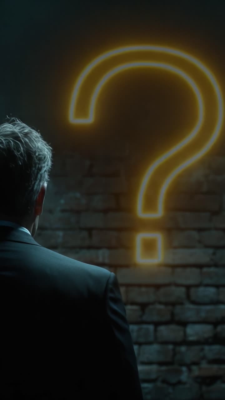 A Mysterious Encounter: Exploring the Intriguing Symbol of Curiosity with an Individual Pondering Under a Glowing Question Mark in a Dimly Lit Space