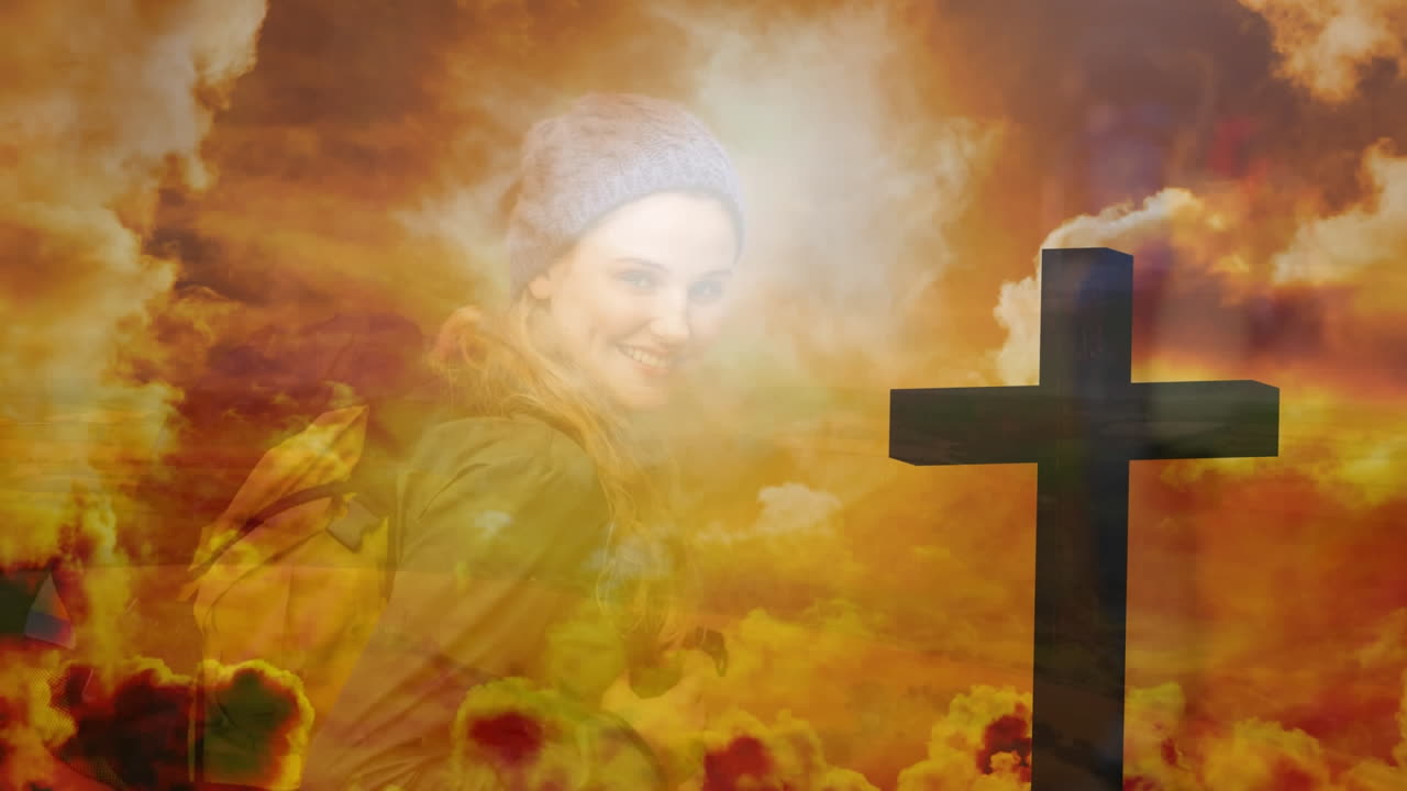 animación de cruz sobre feliz mujer caucásica y nubes.