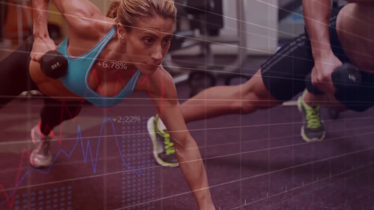 통계 및 데이터 처리에 대한 애니메이션 건강한 백인 여성과 남성이 무게로 운동하고 있습니다.