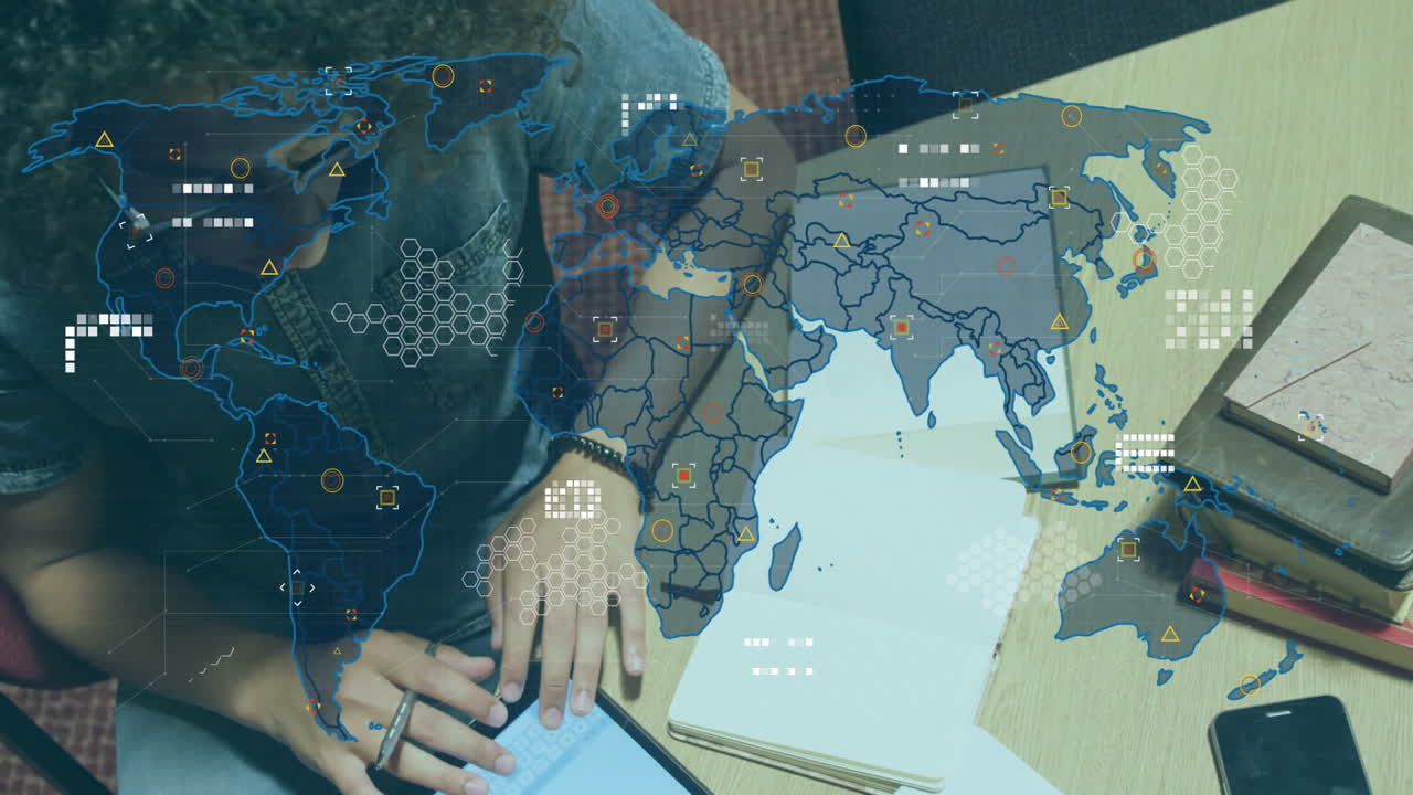Person using tablet with world map and data processing animation overlay