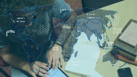 person using tablet with world map and data processing animation overlay