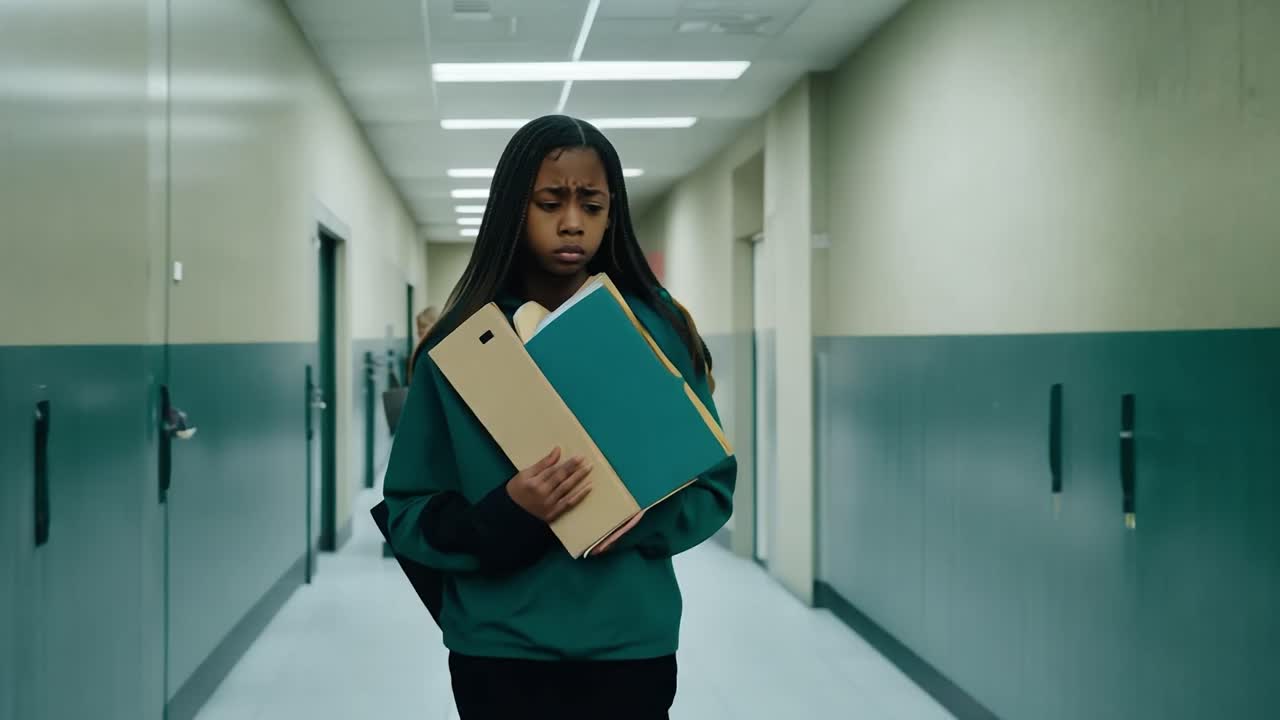 A young woman walks down a school hallway Premium Stock Video Footage