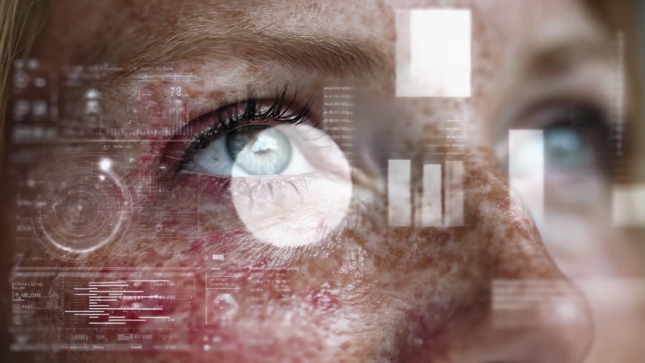 Nahaufnahme eines menschlichen Auges mit digitaler Interface-Überlagerung, die den Kontrast zwischen natürlichen Hauttexturen und futuristischen Datenvisualisierungen einfängt.