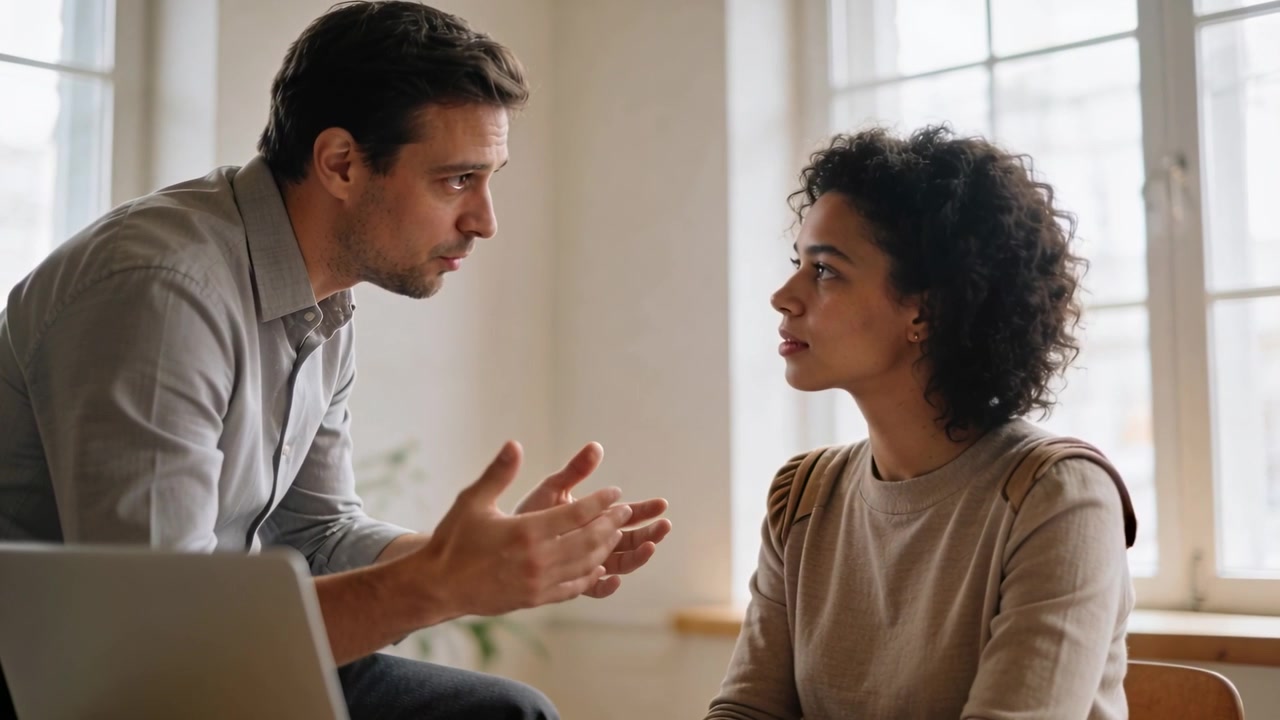 Leaning man shirt gesturing explaining to woman beige top at office window with laptop for meeting