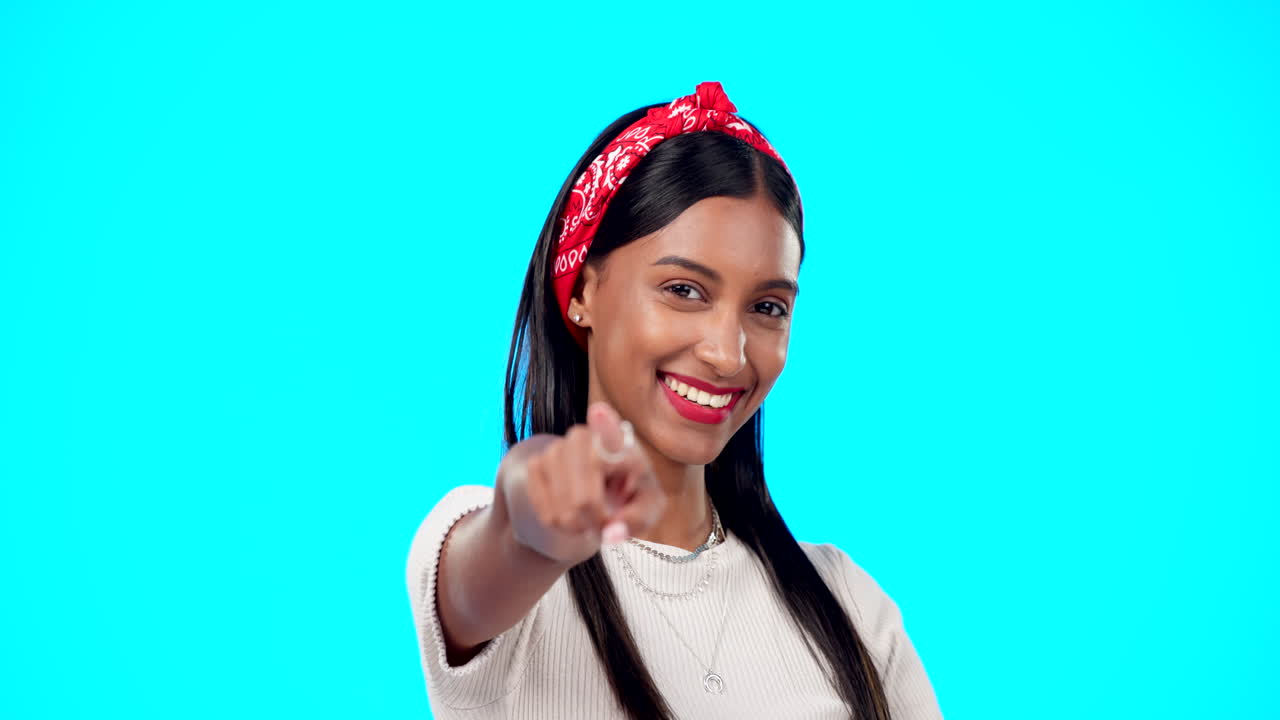 Face, motivation and woman pointing to you