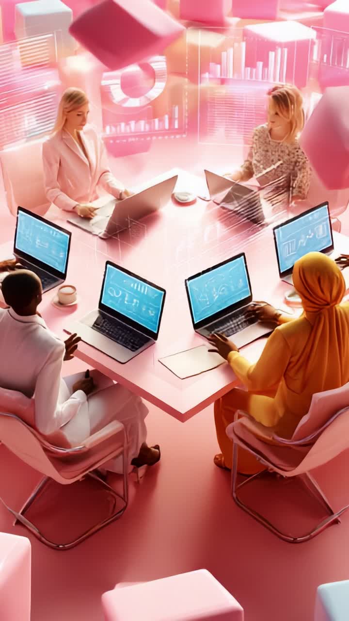 Collaboration and Innovation in a Modern Workspace: A Diverse Team Engaged in Data Analysis and Strategic Discussion Amidst Futuristic Technology