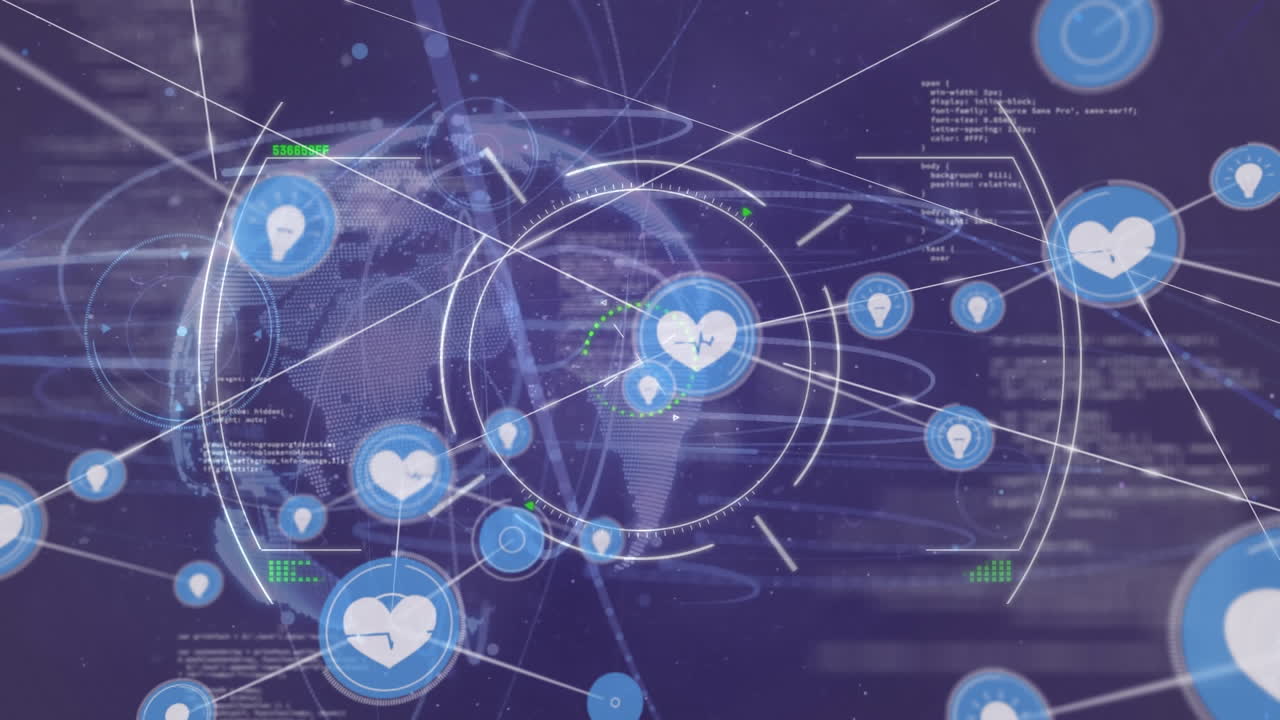 보라색 배경에 회전하는 지구 위의 빛의 흔적에 대한 디지털 아이콘 네트워크의 애니메이션