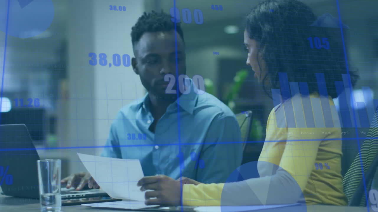 Animation of financial data processing over diverse business people in office