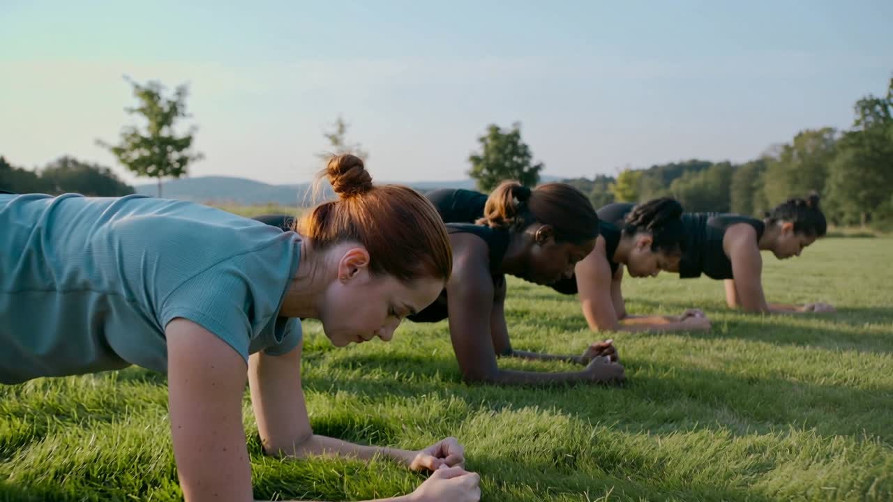 Camera filming group of four friends holding forearm plank on park grass, training in athletic wear