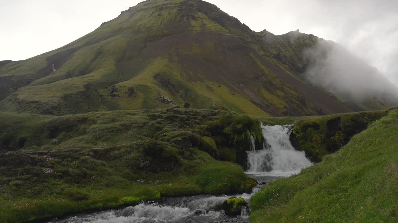 Waterfalls In River Bláfjallakvísl Near Öldufell Mountain In Iceland. Tracking Shot