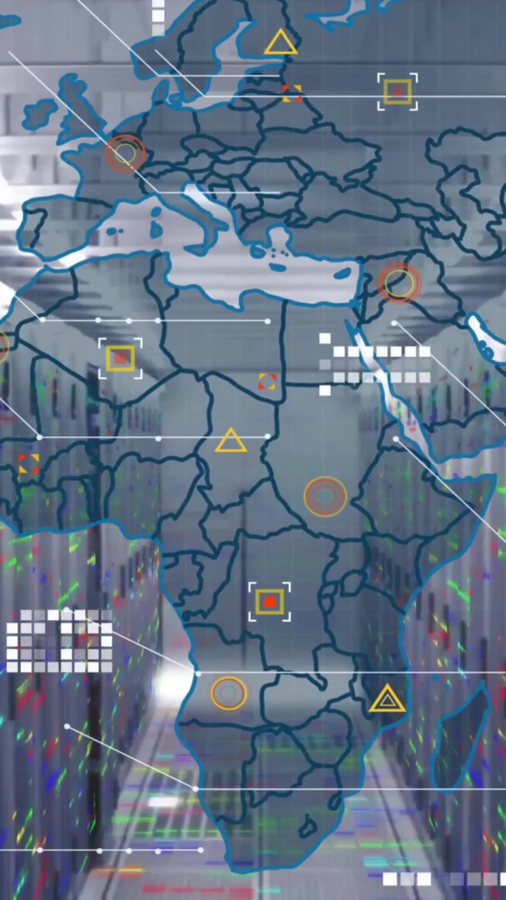 Animation of data processing and world map over computer servers