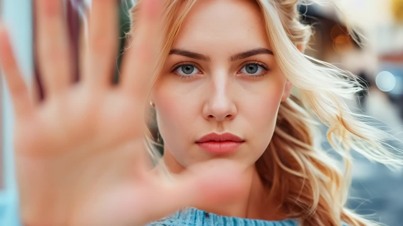 Una donna con un maglione blu sta facendo un segnale di arresto con la mano