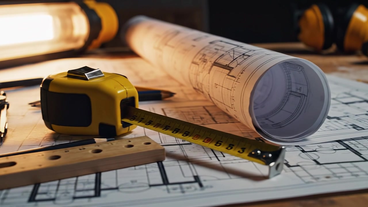 Gele helm en architecturale gereedschappen op blauwdruk lay-out