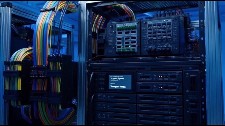 Close-up of High-Performance Server Rack with Colorful Network Cables