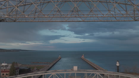 Aerial-Pullback-of-Duluth’s-Aerial-Lift-Bridge-Over-Lake-Superior