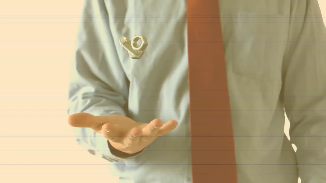 밝은 오렌지색 배경에 견과류와 볼트를 던지고 잡는 사업가의 애니메이션