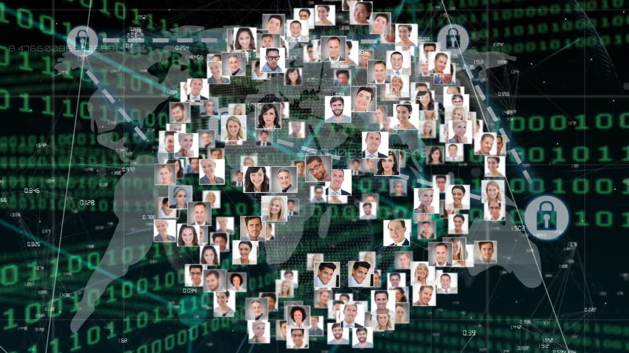 animación de la red de conexiones con imágenes de personas a través del procesamiento de datos