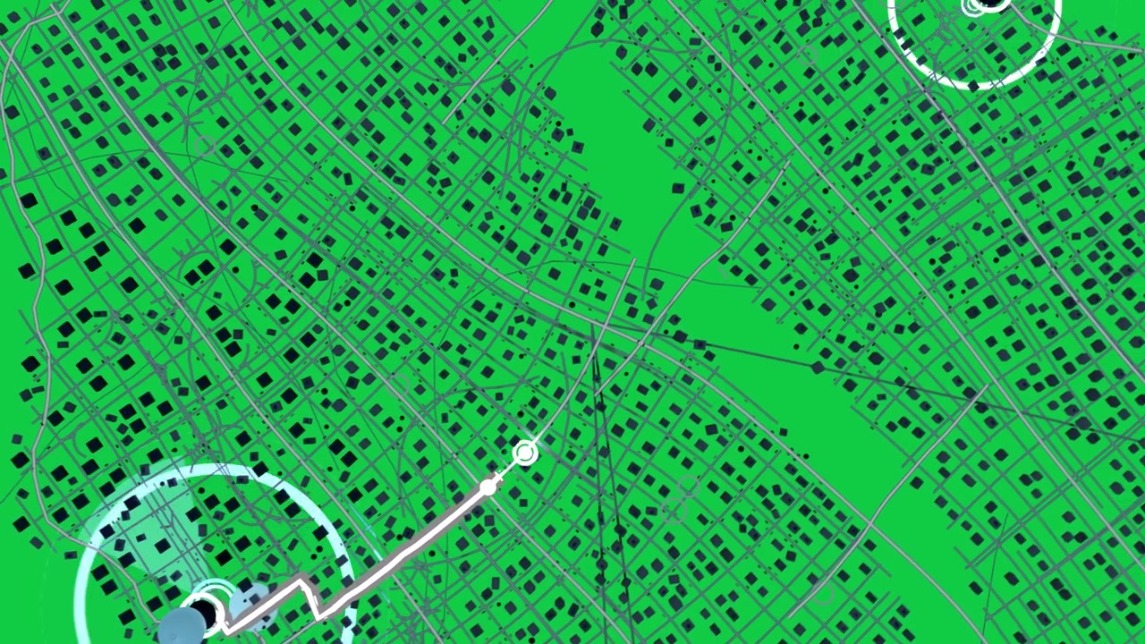 Radar ciano pulsante, indicatore che segue un percorso su mappa della città, nodi in pausa, che mostra l'arrivo, trasparente