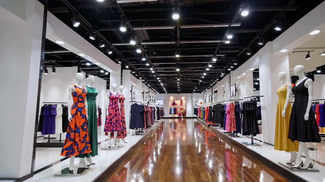 Wide-angle video shot of a modern fashion store interior, showcasing vibrant dresses on mannequins