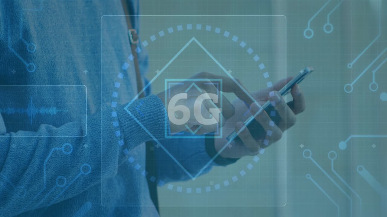 animación de texto de 6g con alcance y interfaz móvil sobre el hombre usando un teléfono inteligente