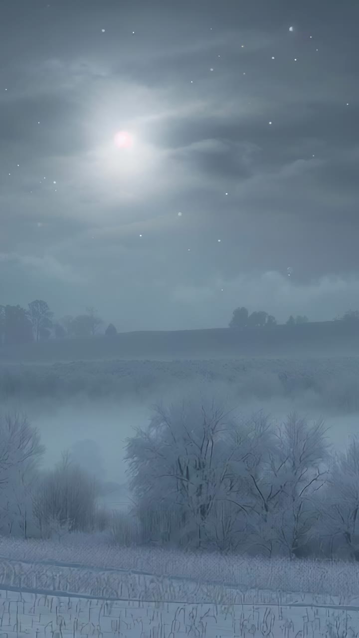 Vertical video: Shifting clouds and fog by breeze revealing moonlit trees over frost field, halo