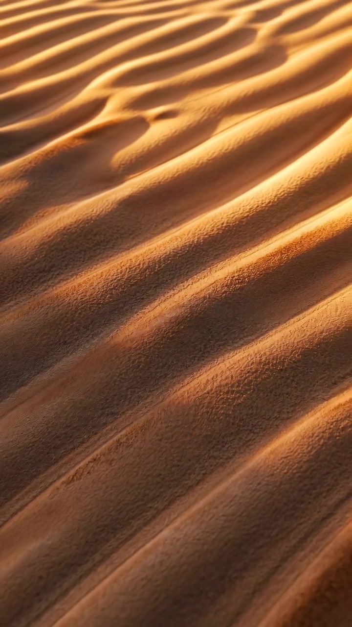Una vista ravvicinata si muove costantemente su creste di sabbia scolpite mentre curve ripetute si espandono attraverso la composizione, con luce ambrata che enfatizza grani delicati, avvallamenti morbidi e ombre allungate