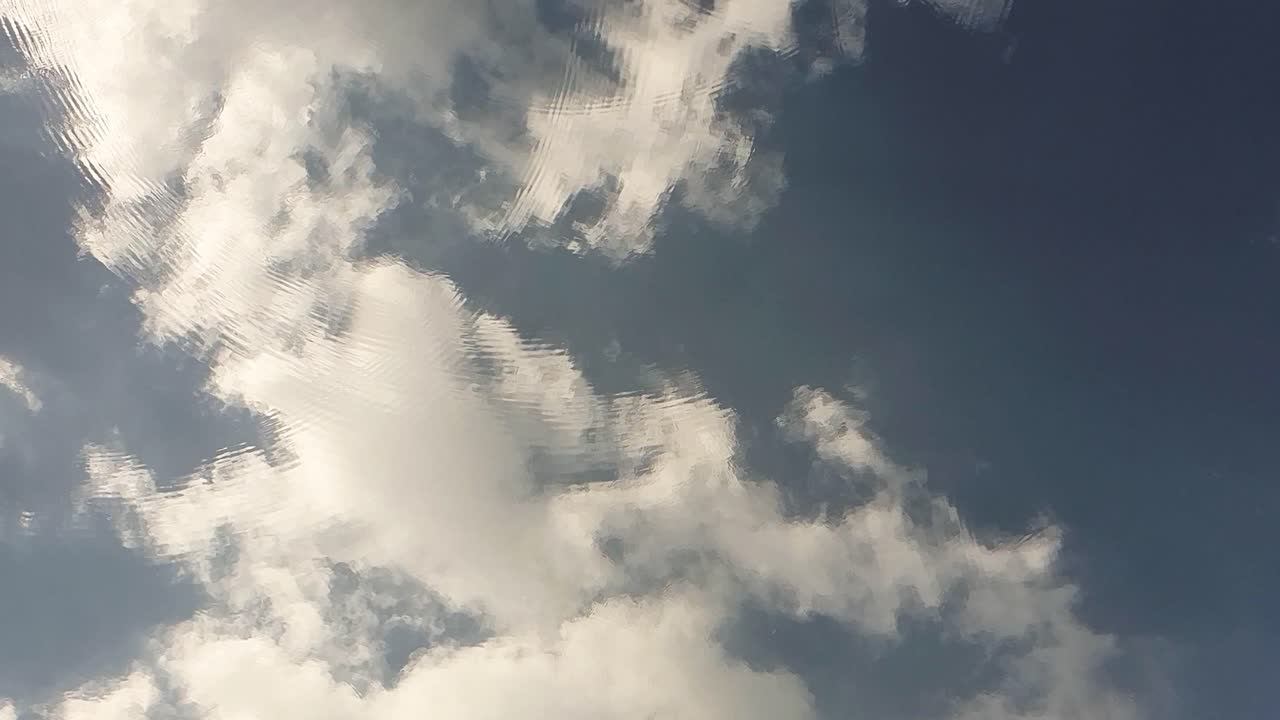 Clear surface of water, blue sky with clouds reflecting