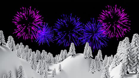 Animation-of-pink-and-purple-christmas-and-new-year-fireworks-in-night-sky-over-snow-covered-trees