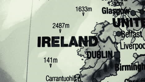 close-up of a map showing ireland and parts of the united kingdom