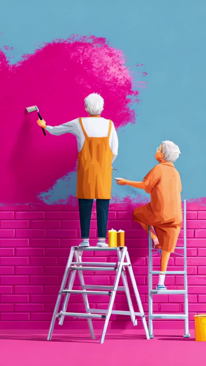 Creative Duo Working Together: Seniors Painting a Vibrant Wall in Bright Pink, Showcasing Their Artistic Skills and Collaborative Spirit in a Colorful Setting