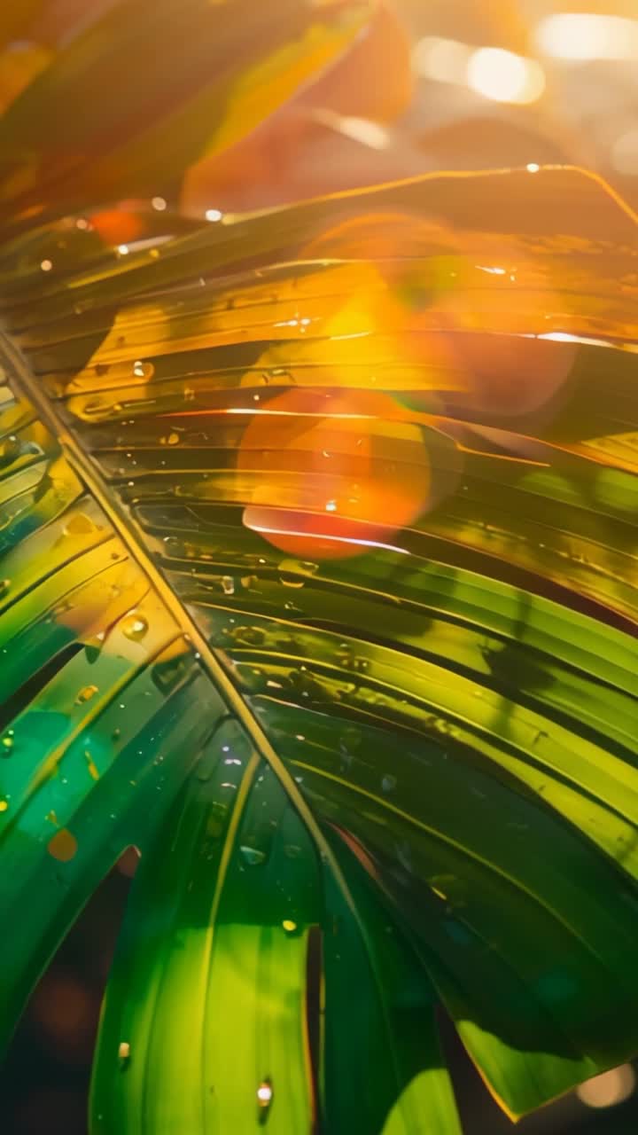 Vertical video: Dancing sunlight on palm leaf glistening with dew and flare in greenhouse