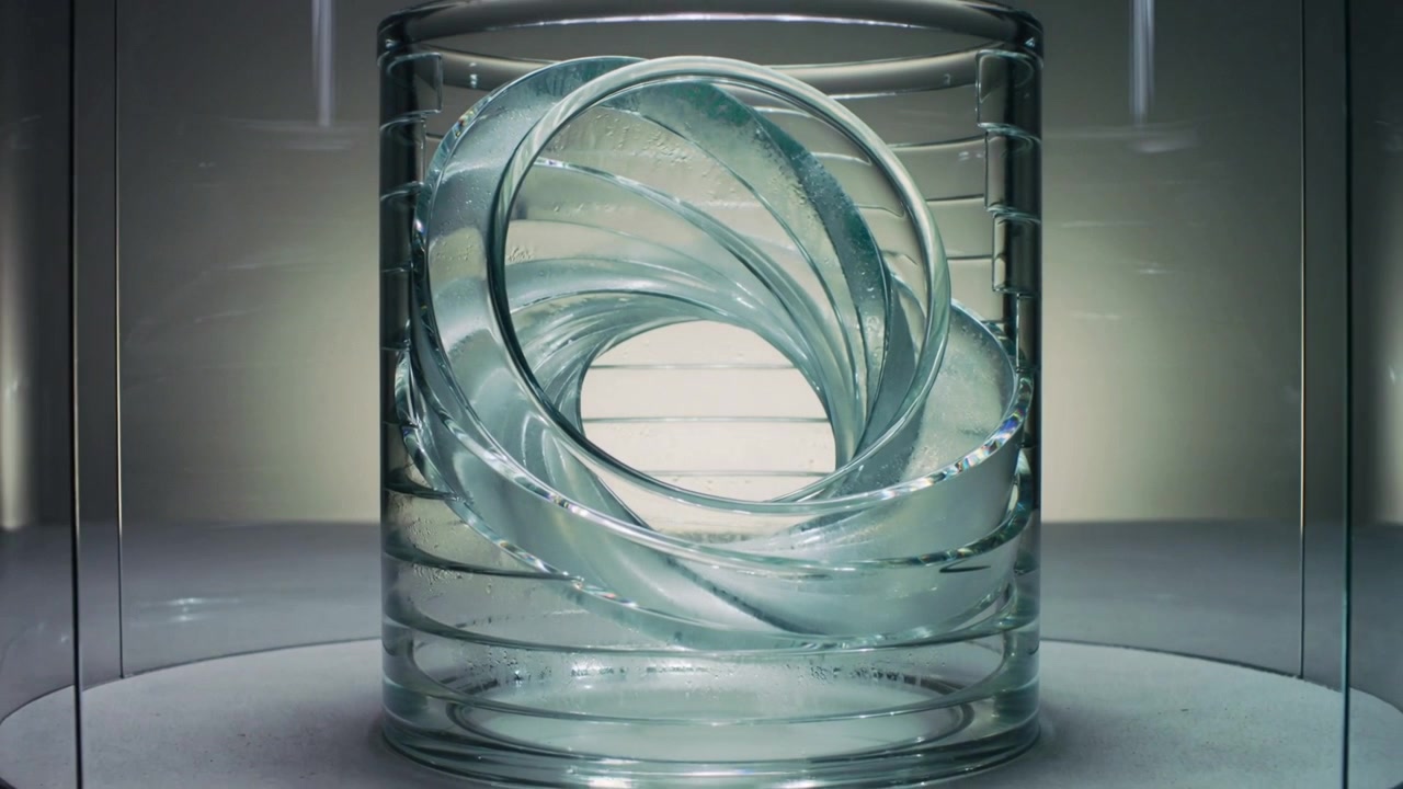 Starting turntable, spiral glass helix turning in gallery cylinder, showing slats for display