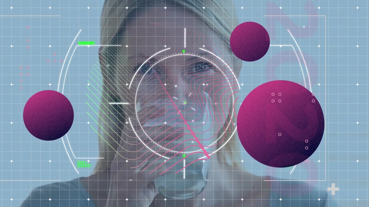 Woman lifting glass, HUD centering reticle on mouth while magenta spheres orbiting for tech demo