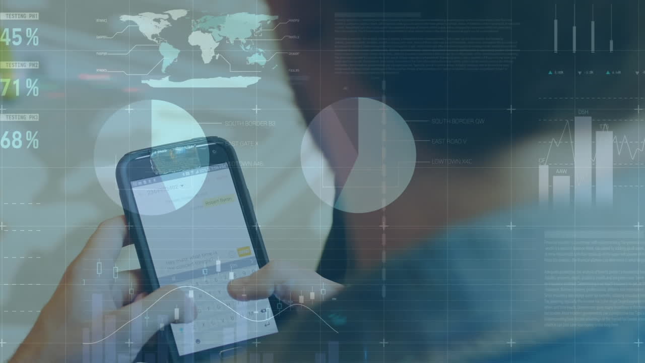 animación del procesamiento de datos financieros sobre un empresario caucásico que usa un teléfono inteligente