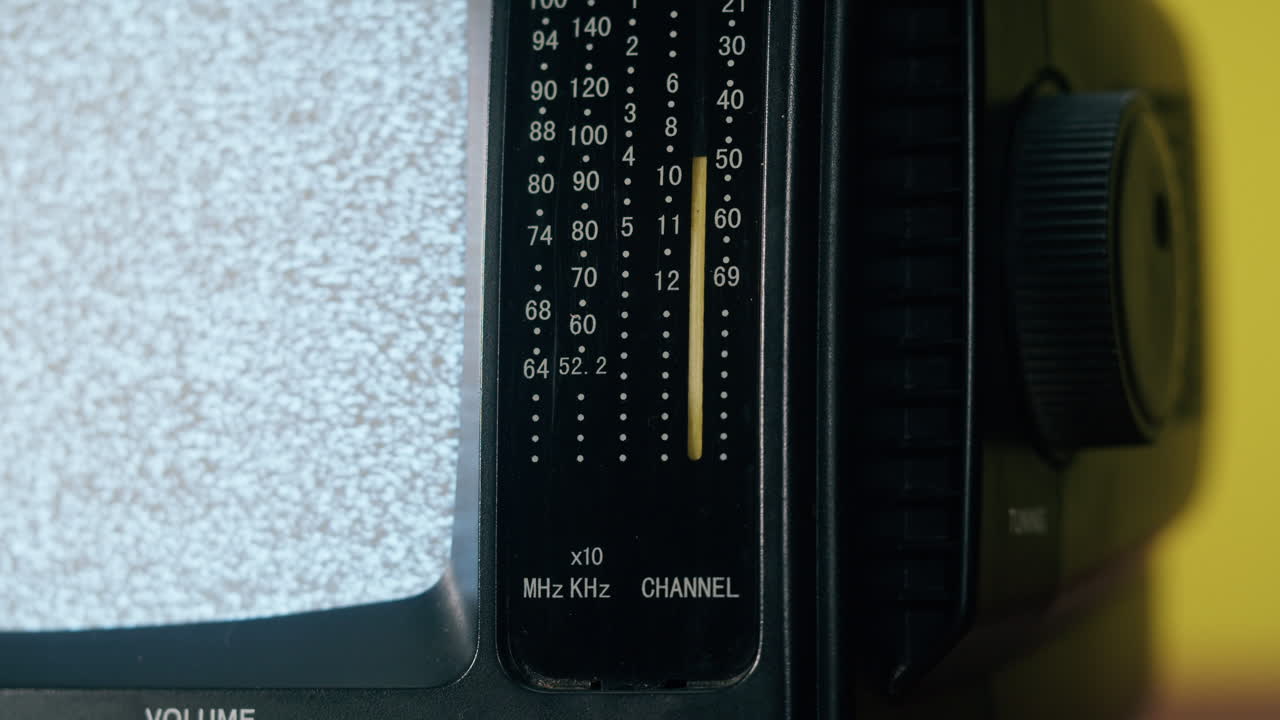 Close-up of an analog television displaying static