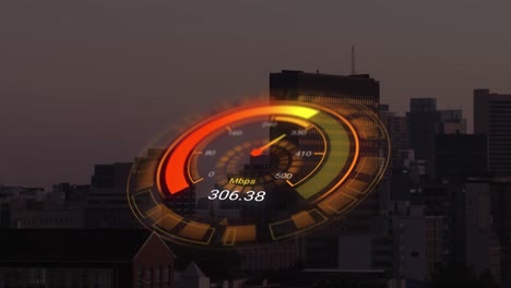 Animation-of-orange-speedometer-over-cityscape