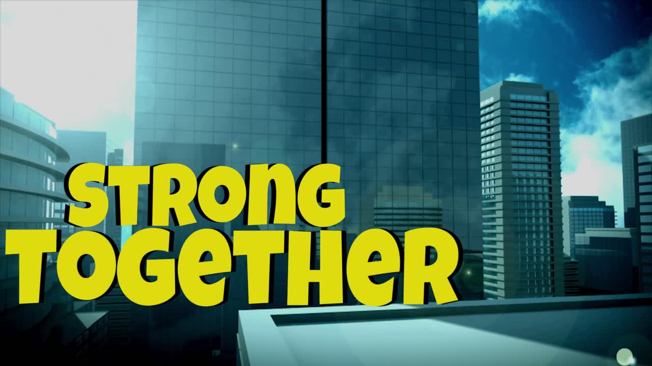 Animation of stronger together text and data processing over cityscape