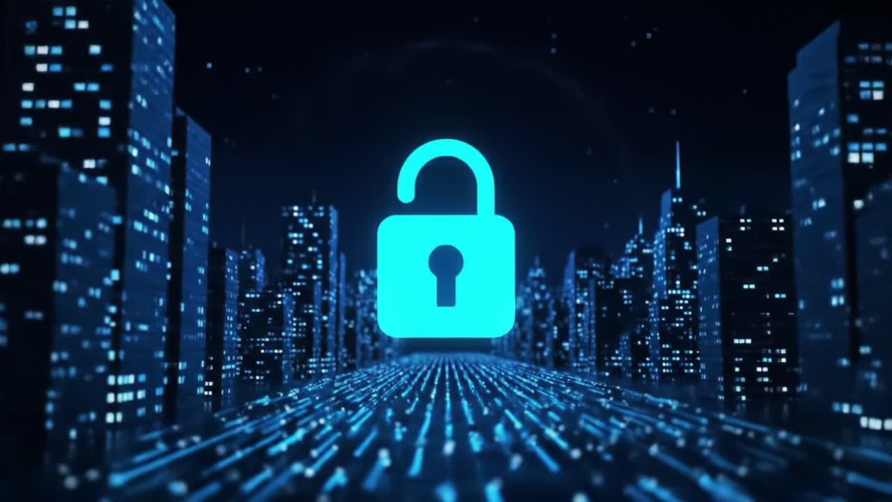 Exploring the Concept of Digital Security: A Visual Representation of an Unlocked Padlock Surrounded by a Futuristic Cityscape in a Cybernetic Environment