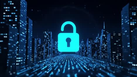 exploring the concept of digital security: a visual representation of an unlocked padlock surrounded by a futuristic cityscape in a cybernetic environment