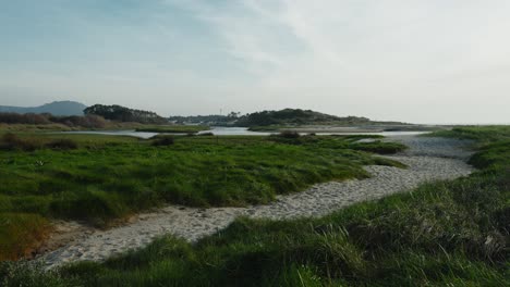 Sereno-Paisaje-De-Dunas-De-Playa-Costera-Con-Senderos-Cubiertos-De-Hierba-En-Portugal