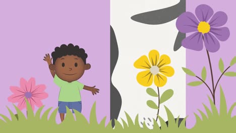 Animación-De-Niño-Con-Icono-De-Flores-Sobre-Fondo-Morado