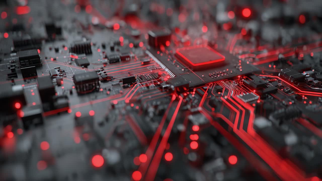 A Close-Up View of a High-Tech Microchip Surrounded by Intricate Circuitry and Illuminated by Glowing Red LEDs, Showcasing Advanced Technology and Innovation