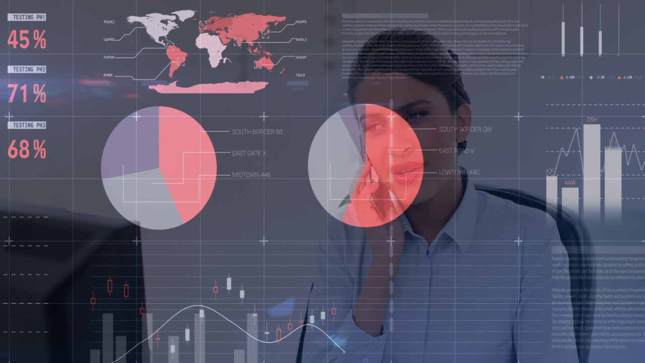 animación del procesamiento de datos estadísticos contra una mujer caucásica hablando en un teléfono inteligente en la oficina