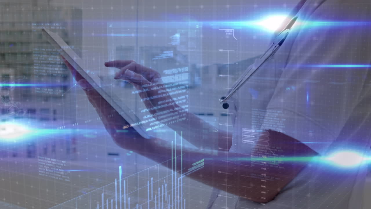 animación del procesamiento de datos sobre una doctora que usa una tableta