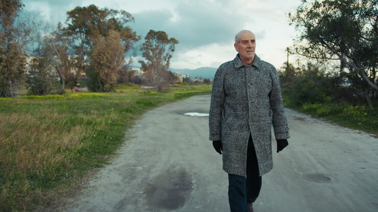 Elderly Man Walking on a Dirt Road During Winter