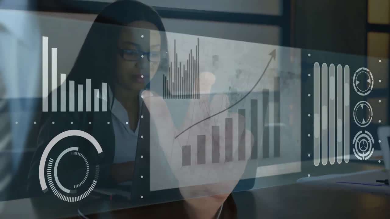 Animation of statistics and data processing over businesswoman