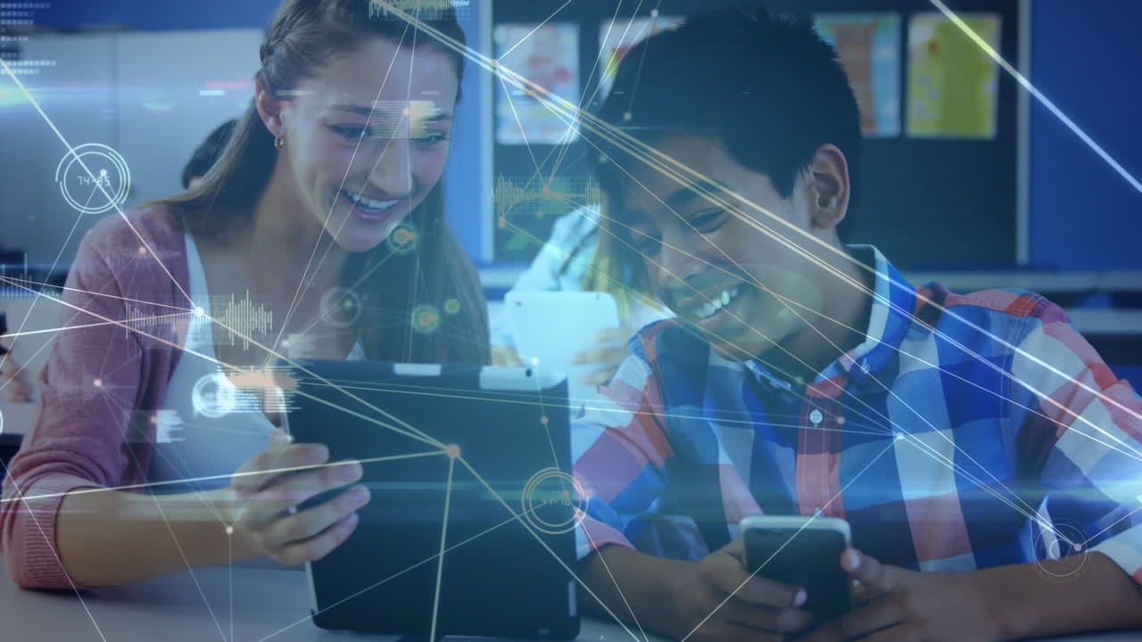 Animation of connections over happy diverse students using technology at school