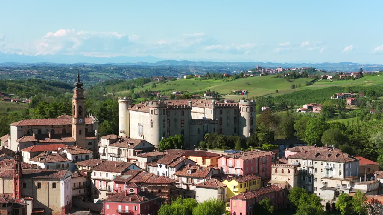 Medieval Castle in Town Of Costigliole d'Asti In Piedmont, Italy. aerial descend